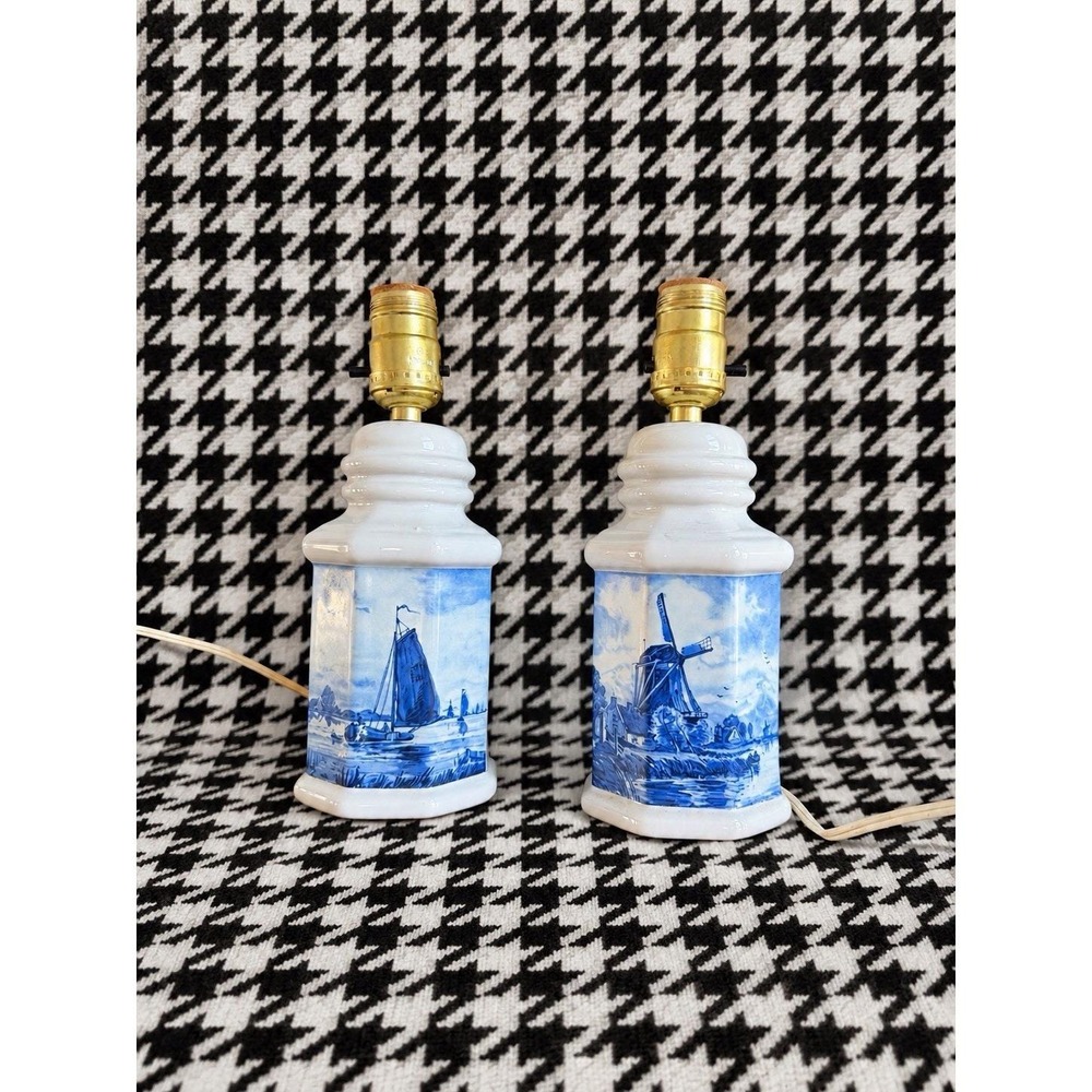 VTG Pair Blue White Dutch Windmill Sailboat Table Lamps Delft Style Coastal